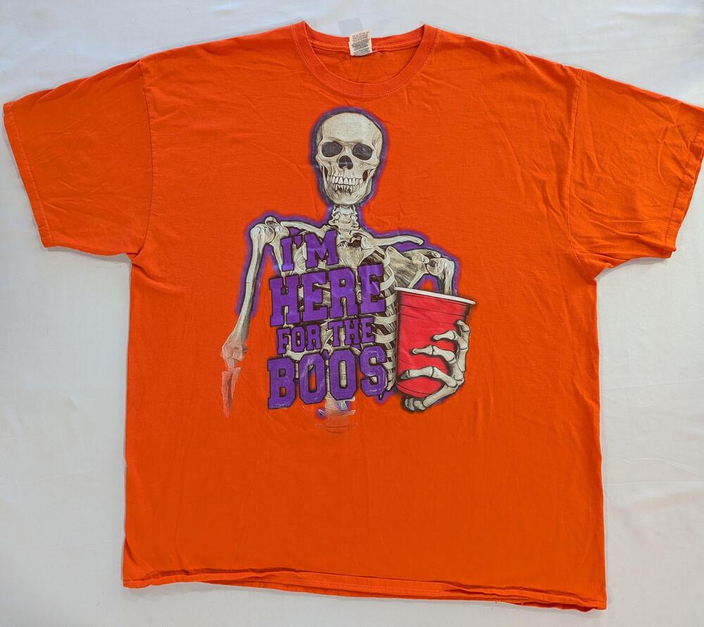 Fruit Of The Loom Shirt Mens 2XL Orange Here For The Boos Skeleton Halloween Tee